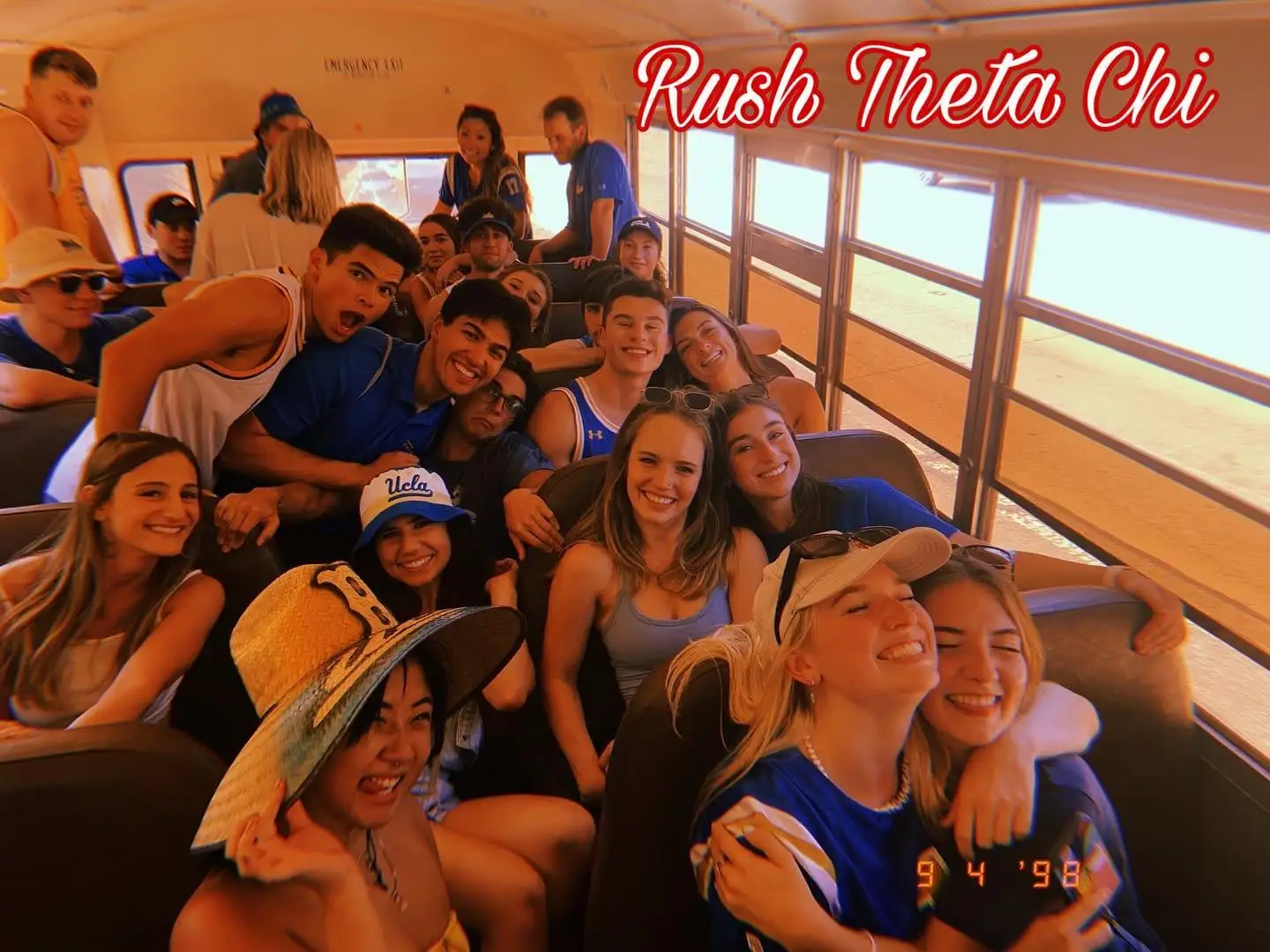 A packed bus of brothers and rushees all smiles on the way to an event