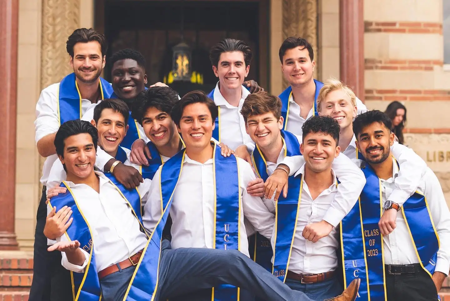 grads goofing on library steps