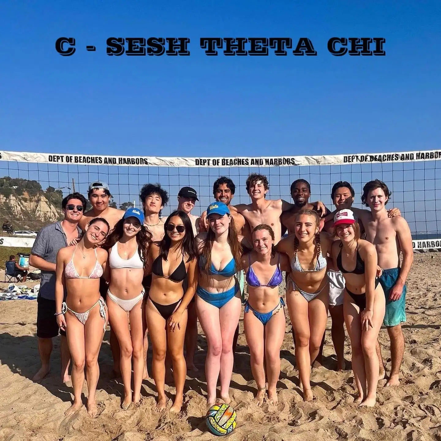 sunny beach volleyball group at the net